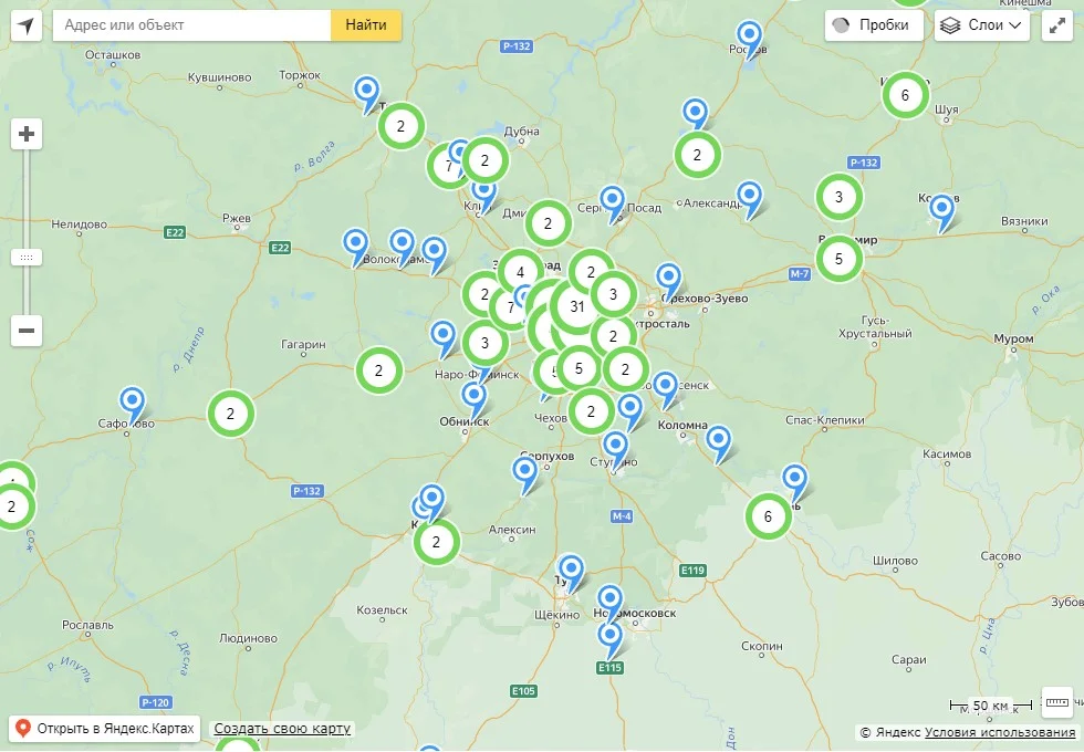 Карта зарядных станций для электромобилей в России